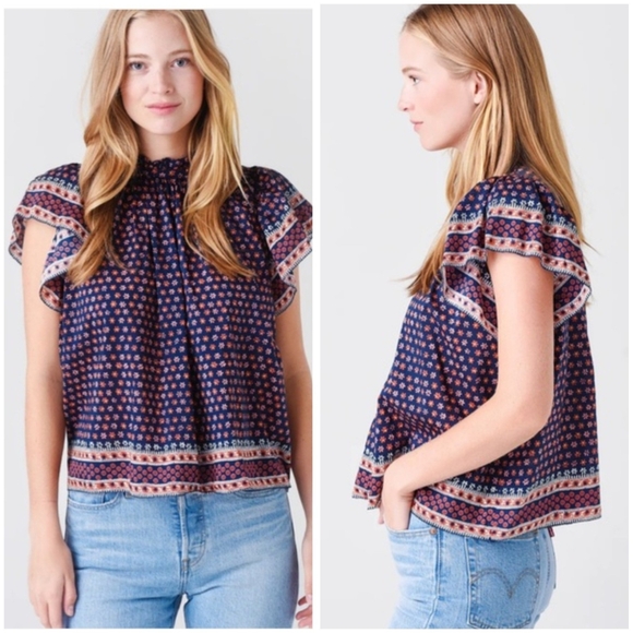 TROVATA BIRDS OF PARADIS Navy Heirloom Carla High Neck Blouse RuffleSlv M